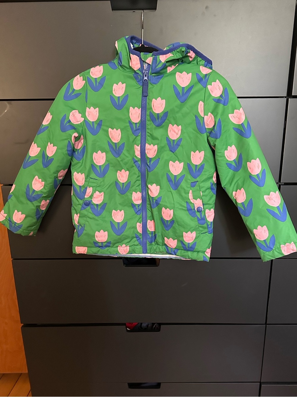 EUC MINI BODEN FLEECE RAIN Hooded Jacket | Green w Pink Tulips | sz 7-8